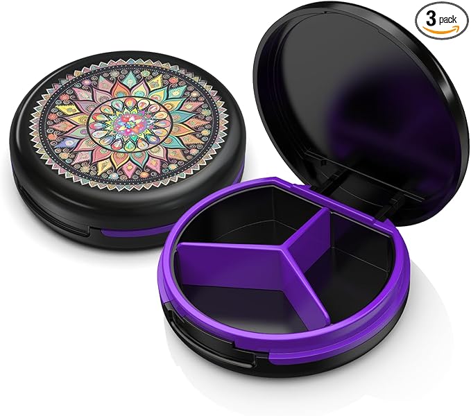 Serfeymi Small Pill Case for Purse, Unique Artistic Patterns Travel Pill Box with 3 Compartments, Portable Mini Pill Organizer for Pocket, Decorative Pill Container for Purse - Black(Mandala)
