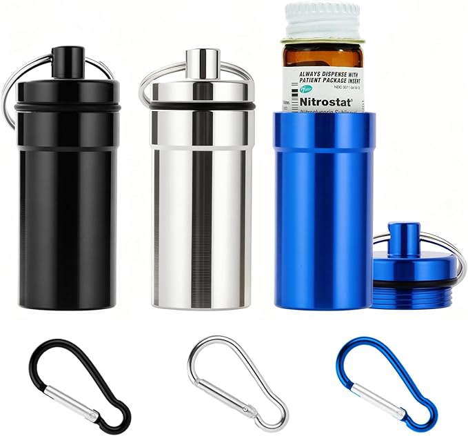 Keychain Pill Holder for Nitroglycerin, 3 Pack Mini Waterproof Portable Travel Purse Pocket Pill Case, Keychain Fob Container for 25ct Nitro/Nitroglycerin Bottle (3pcs-Black + Blue + Silver)