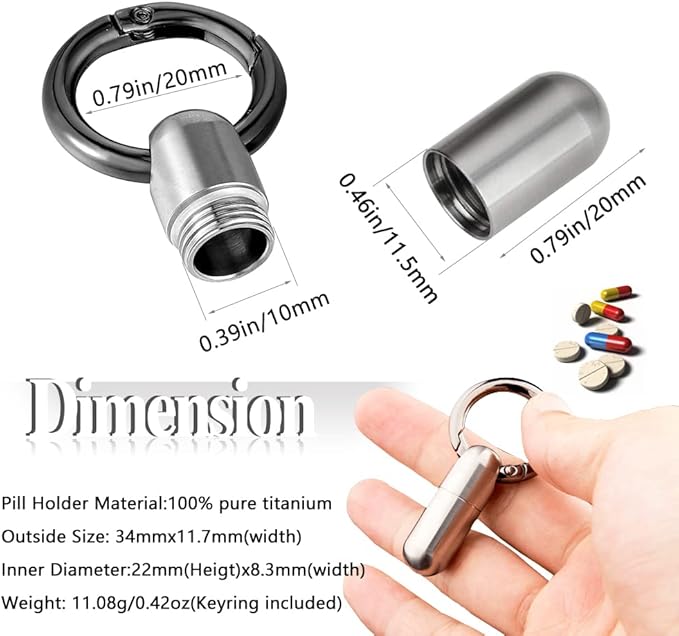 2PCS Micro Keychain Pill Holder, Portable Mini Size Titanium Alloy Pill Box Case, Waterproof & Lightweight Keychain Pill Container for Emergency Outdoor Travel Camping