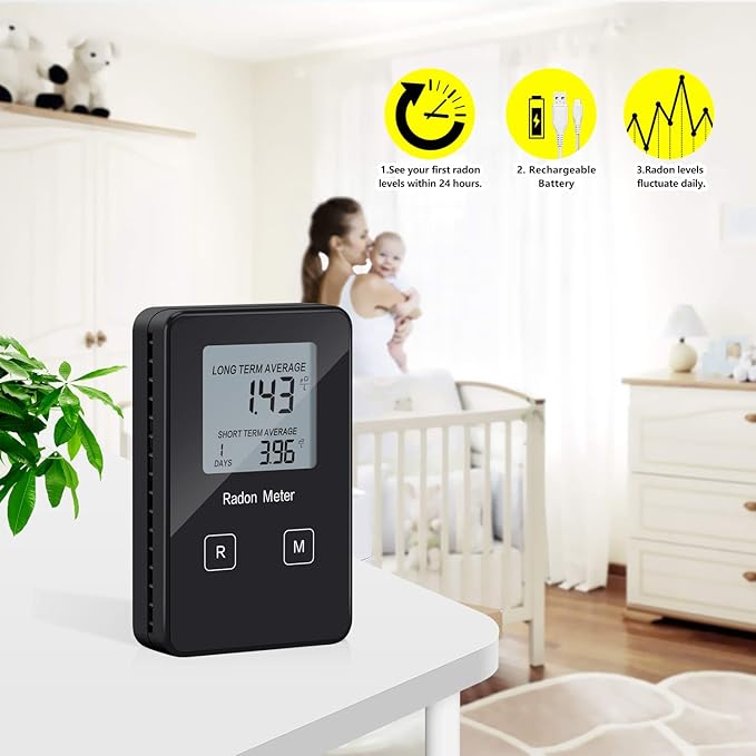 Home Radon Detector, Portable Radon Tester, Long and Short Term Monitor, Powered by Rechargeable Battery, Monitor Your Home Radon Level, Prevent Radon Exceed