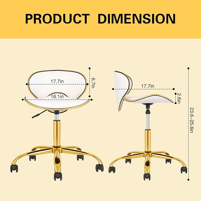 Adjustable Rolling Stool with Backrest, Nail Tech Chair for Salon, Lash, Nail Tech and Hair Stylist, Facial Massage Tattoo Stool with Wheels-White