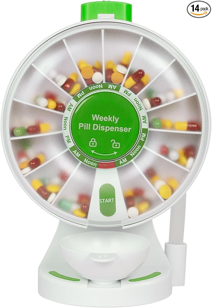 EziMedPil Pill Dispenser Daily, 14 Days Large Pill Organizer with One-Press Button, Standing Use or Wall-Mounted or Glass-Sticking Pill Container w/Med Cup, Weekly Pill Box for Vitamin,Medicine(Green)