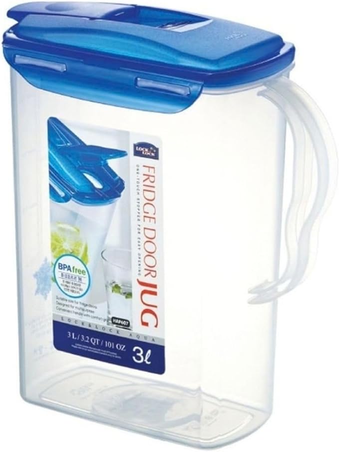 LocknLock Aqua Fridge Door Water Jug with Handle BPA Free Plastic Pitcher with Flip Top Lid Perfect for Making Teas and Juices, 3 Quarts, Blue