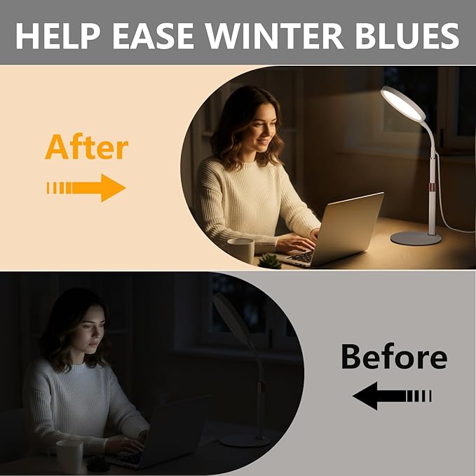 Light Therapy Lamp, LED Sunlight Lamp, 10000 Lux Full Spectrum Happy Therapy Desklamp with UV-Free,3 Color Temperature & 9 Brightness Level & Timer for Home, Office, Decoration (White A)