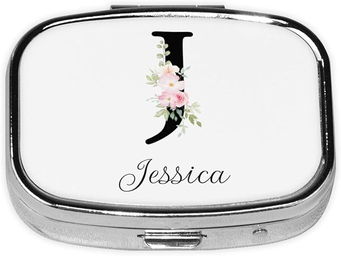 Custom Pill Box Personalized Square Small Pill Case with Mirror Add Your Photo Text Logo Name Decorative 2 Compartment Portable Metal Medicine Container Vitamin Organizer for Pocket Purse Travel (J)