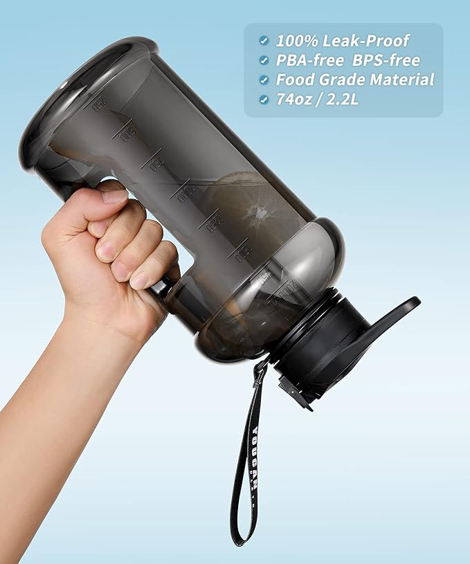 youcanplato 74 oz Half Gallon Water Bottle with Sleeve-Large Water Bottle -Big Gym Water Bottle for Man or Women with Straw- Gallon Water Jug with Handle -BPA Free- Leakproof, Workout bottle,Black | with Sleeve, Large Water Bottle, Big Gym Water Bottle...