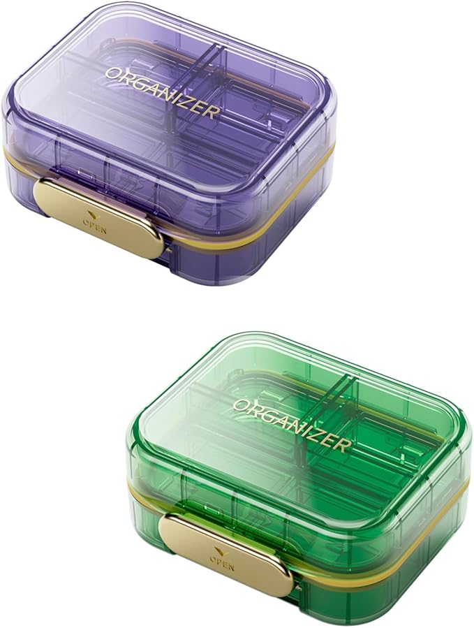 Small Travel Pill Organizer, 7 Compartments Pill Box, 2 Pack Daily Portable Pill Case to Hold Vitamins, Small Pill Container for Pocket Purse Medicine Organizer