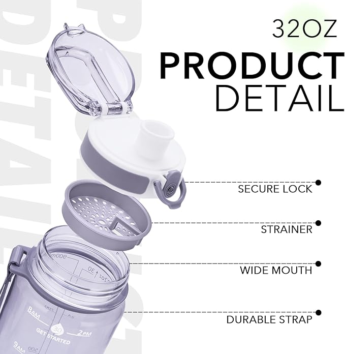32oz Water Bottle with Time Marker, Motivational Drinking Bottle with Strap, BPA-Free Leak-Proof, Encouraging Water Bottle Time to Drink Water for Gym School Office Travel