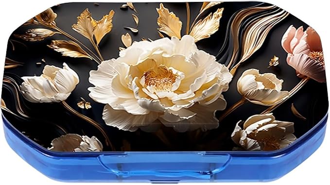This Portable 3D White Peony Pattern 6 Compartment Pill Box Can Be Placed in A Pocket Or Wallet to Store Vitamins, Medicines Health Supplements Other Medications.