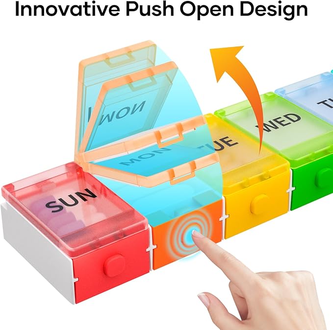 Weekly Pill Organizer, 7 Day Pill Box Case BPA-Free, Medicine Pill Organizer with Innovative Push Button Design, Large Pill Container for Vitamins, Cod Liver Oil, Supplements and Medication