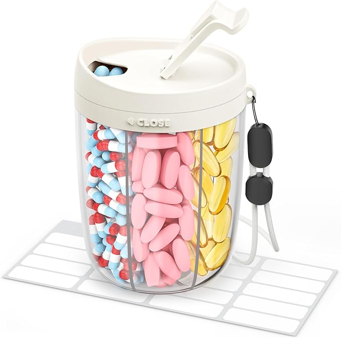 Large Pill Dispenser with 6 Compartments, Anti-Mix Pill Bottle Organizer with Wide Opening & Easy Retrieval, Vitamin Organizer for Travel, BPA-Free Pill Box with a Strap, White