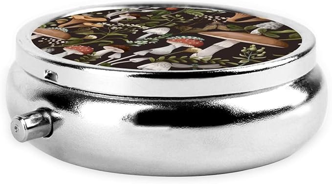 Metal Silver 3 Compartment Pill Box Pocket Portable Mini Travel Pill Case Small Round Decorative Medicine Box Vitamin Pill Organizer with Insect Mushroom