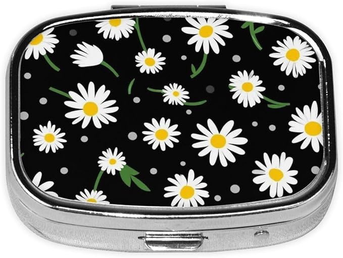 Small Pill case for Pockets & Purses Pill Box Makes 2 Compartment Travel Medicine Organizer (Daisy Flower Floral Polka Dot)
