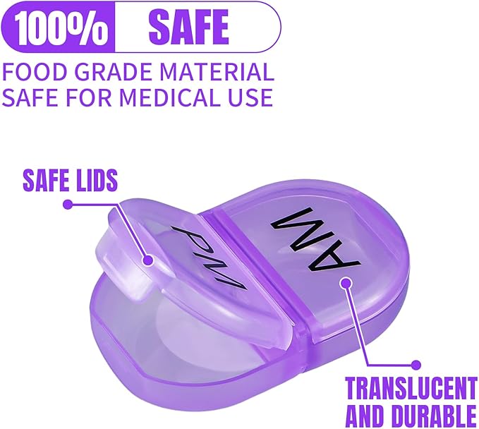 6 Pack Pill Organizer Pocket Small Case Holder Am Pm Pill Case Portable Two Compartment Round Travel 2 Times a Day for Vitamin Medication Supplement(Purple)