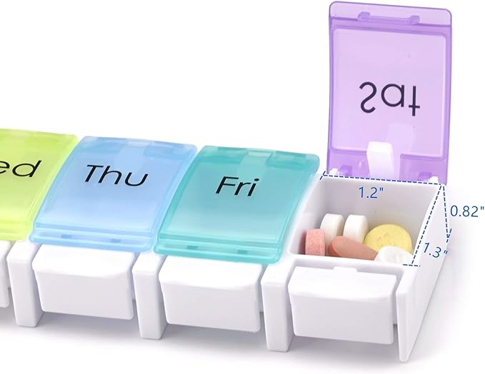 2 Pack Weekly Pill Organizer Vitamin Holder, DOSMAMZ 7 Day Travel Pill Box with Large Compartments, Push Button Design Medication Dispenser Case (Rainbow)