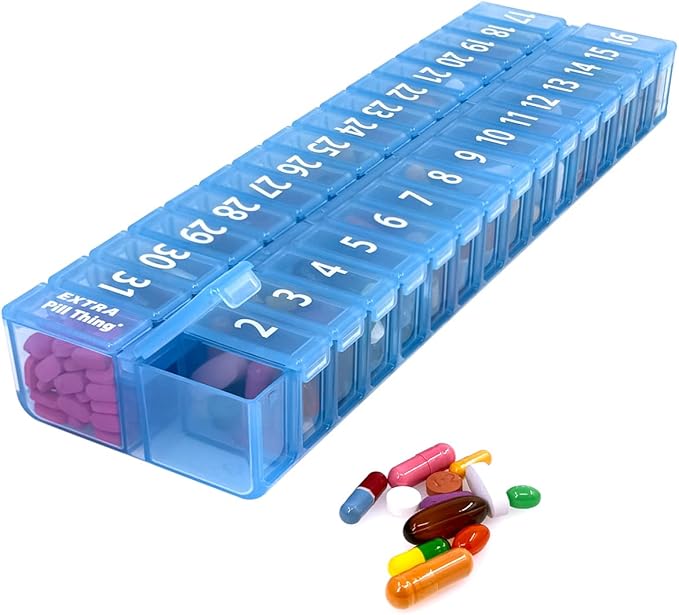 XL Monthly Pill Organizer, Once-a-Day 31-Day Medication Storage Box w/Removable Lid, Extra Compartment for Additional Pills, BPA-Free (XL Blue – 1 Count)