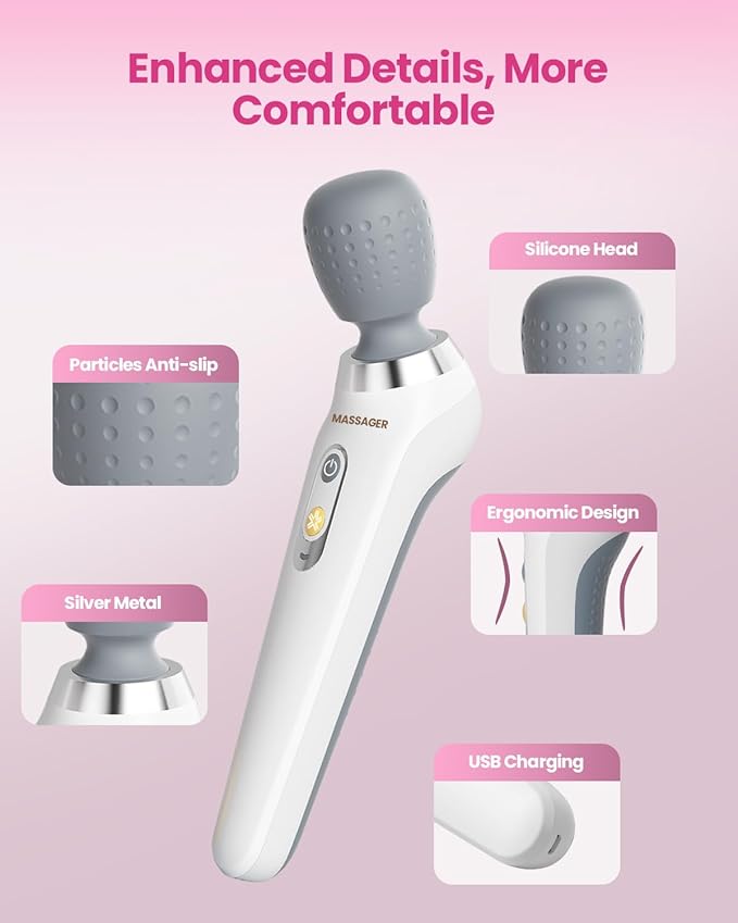Electric Handheld Back Massager, Cordless Rechargeable Personal Massager, Powerful, Waterproof, Soft Silicone Massage Head, Long Battery, Great Gift