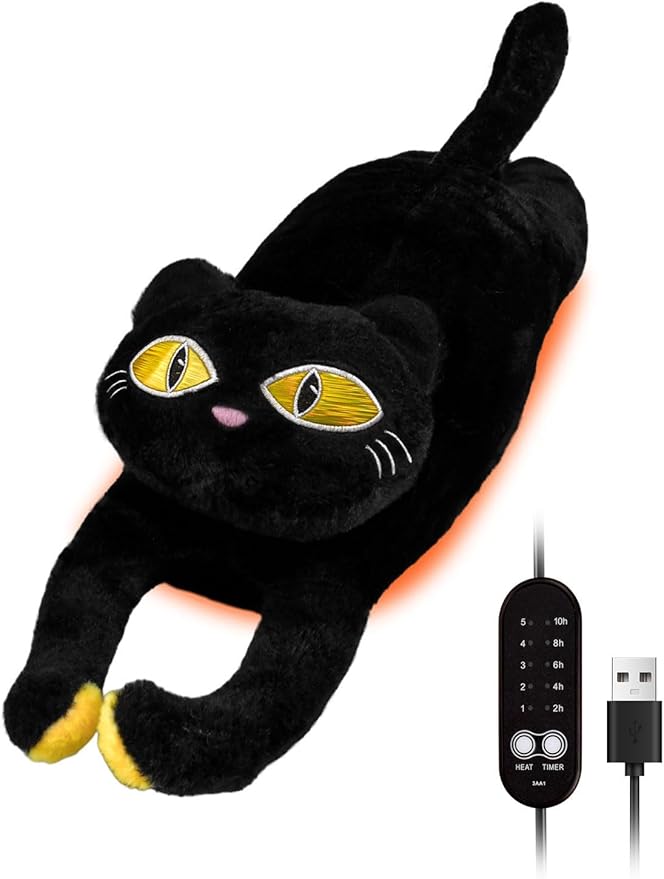 Cat Heating Pad for Period Cramps 5 Heat Settings Auto Shut Off USB Portable Electric Heat Pad Soft Thick Fuzz Stuffed Animal Cute Kitty Warmer for Body Pain Relief Comfort Accompany Help Relax Gift
