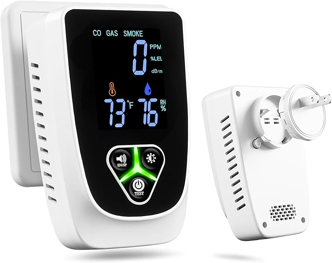 5-in-1 Plug in Carbon Monoxide Detector & Smoke Alarm Natural Gas Leak Detector with Temperature & Humidity