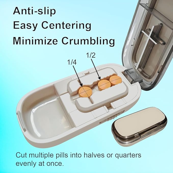 Pill Cutter for Cutting Multiple Pills, 1/2 1/4 Pill Splitter for Large, Small and Tiny Pills, with Improved Sharp Blade, Adjustable Centering Device