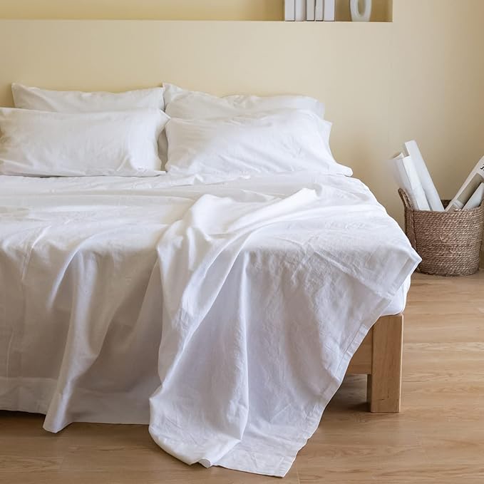 Simple&Opulence Belgian Linen Sheet Set Solid Color - 6 Pieces (1 Flat Sheet & 1 Fitted Sheet & 4 Pillowcases) 16" Deep Pocket Natural Flax Cotton Blended Soft Bedding - White, Queen Size
