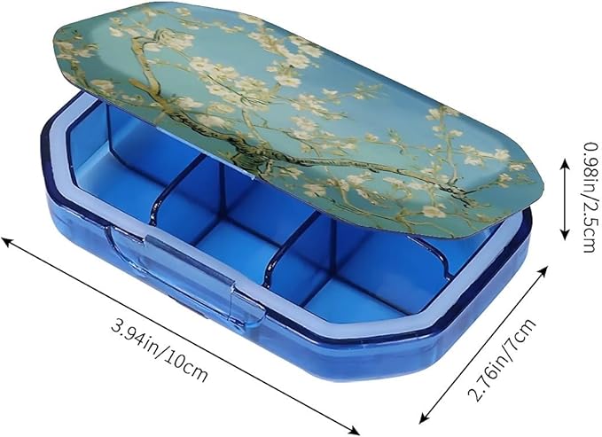This Portable Almond Blossoms Pattern 6 Compartment Pill Box Can Be Placed in A Pocket Or Wallet to Store Vitamins, Medicines Health Supplements Other Medications.