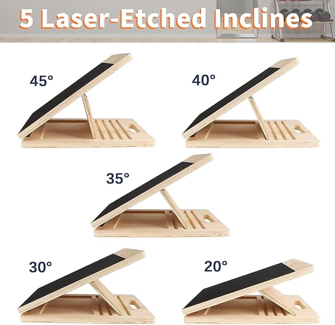 Adjustable 16.5"×12" Wooden Slant Board – 5-Angle Foldable Calf Stretcher & Squat Wedge for Home-Gym, Portable Incline Board, 350 lb Rated