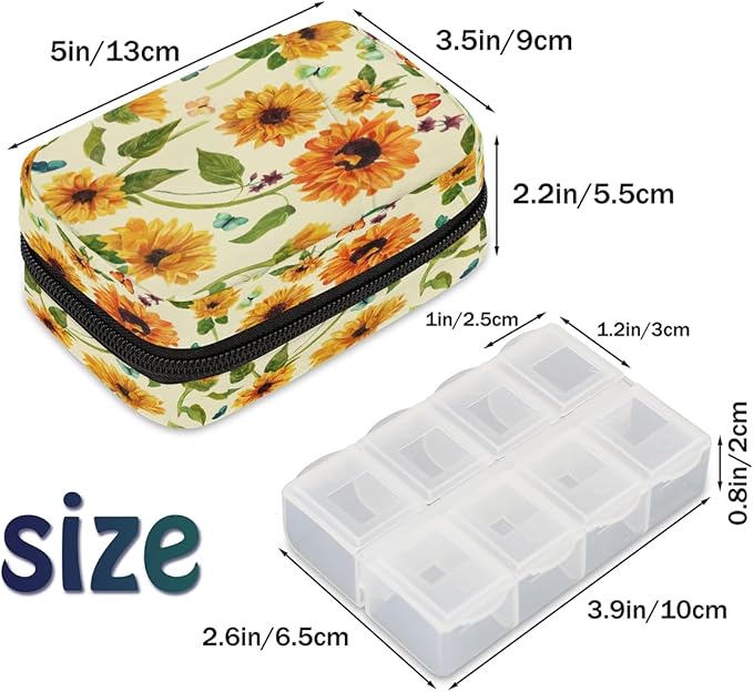 Butterfly Sunflower Leaf Flower Travel Pill Organizer Box Weekly Portable Pill Case Daily Pills 7 Day Small Birth Control Pills Container Removable Compartments for Medicine Vitamins Fish Oil