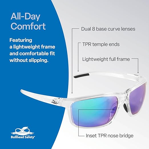 Bullhead Safety Eyewear Pompano Glasses - Anti-Fog, Lightweight, Impact/Scratch Resistant, UV Blocking Sunglasses for Cycling, Fishing, Driving, Green Mirror/Clear