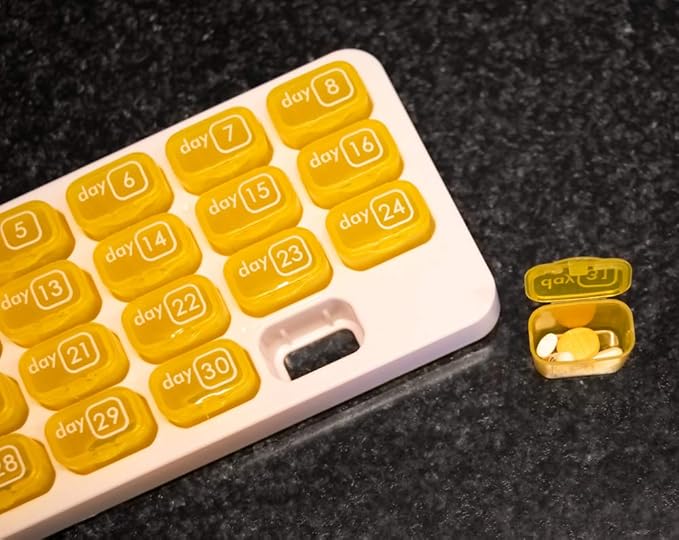 31 Day Monthly Pill Pod Organizer for Easy Medication Management - Stay on Track with Daily Vitamin Supplement Med Boxes, Ready for Travel - Yellow