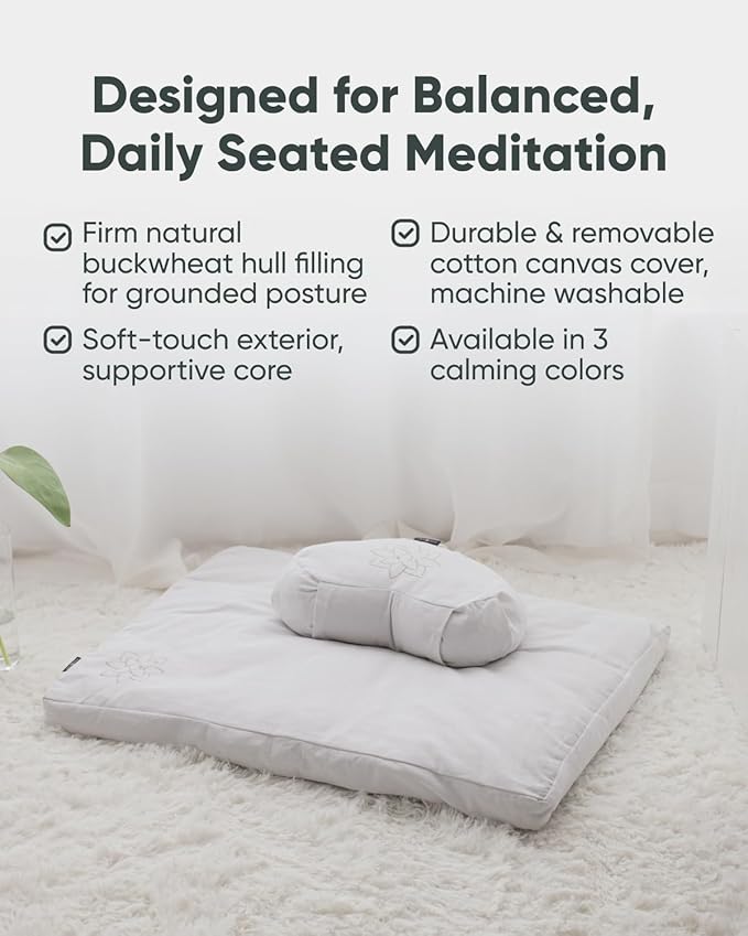 Mindful & Modern Large Meditation Cushion | Zafu Yoga Bolster Meditation Floor Pillow Seat | Buckwheat Hull Filled Crescent Shaped Cushion with Removable Washable Cover + Carry Handle | White