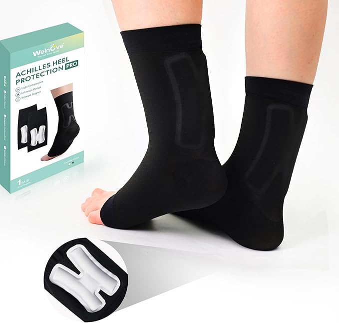 Welnove Achilles Tendonitis Heel Protector Sleeves H-Shape Achilles Tendon Support Compression Gel Padded Sleeve Socks for Cushion of Bursitis, Tendonitis, Tenderness, Dry Cracked - Black,Regular