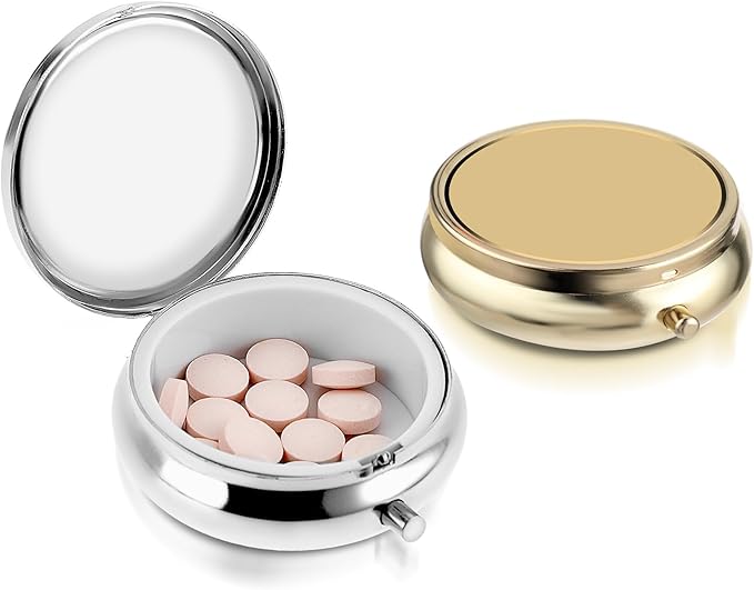 2Pcs Pill Box Small Pill Case for Purse or Pocket, Portable Cute Pill Container Metal Pill Box Decorative Medicine, Vitamin, Fish Oil and Supplements Holder Organizer (Silver&Gold)