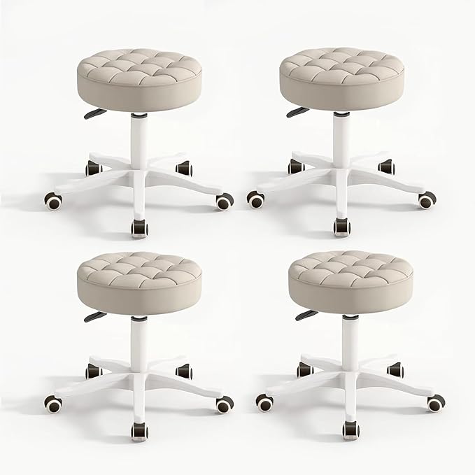 Small Rolling Stool with Wheels, PU Leather Height Adjustable Vanity Work Task Stool, 360 Swivel, Padded Seat Cushion,for Salon, Home, Office
