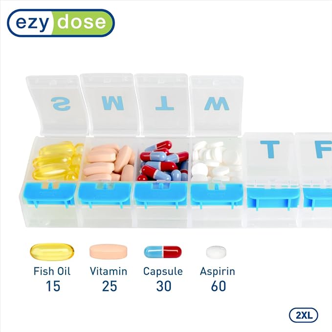 EZY DOSE Pill Organizer Weekly (7-Day), Medicine Planner, Vitamin Case/Box, 2X-Large Push-Button Compartments, Easy to Use, Travel-Friendly, Blue, BPA Free