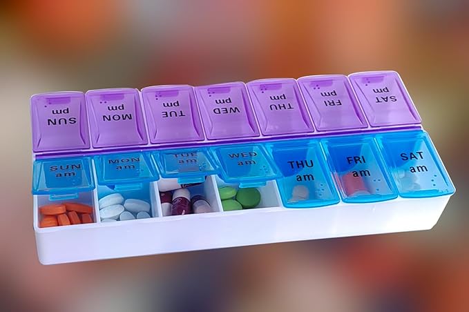 Weekly (14-Day) AM/PM Pill Organizer, 2 Times a Day Pill Case and Planner, Portable Vitamin Containers, Medicine Pill Box(Blue-Purple)