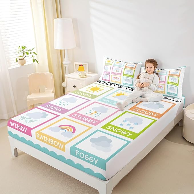 Feelyou Kids Educational Bed Sheet Set Full Size, Weather Bedding Set Learning Fitted Sheet Boys Girls Kindergarten Teens Bedroom Decor (2 Pillow Cases and a Fitted Sheet)