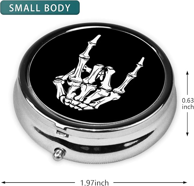 Pill Box 3 Compartment Pocket Small Pill Organizer Mini Metal Pill Holder Travel Portable for Man - Funny Skull Hand