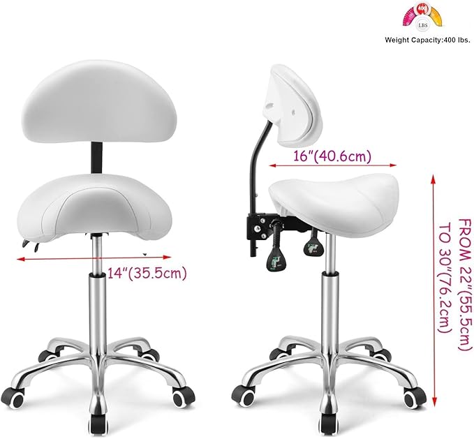 Kaleurrier Saddle Stool Rolling Swivel Height Adjustable with Wheels,Heavy Duty Anti-Fatigue Ergonomic Saddle Chair for Hair Beauty Salon Lab Dental Massage Office Home Kitchen (with Back, White)