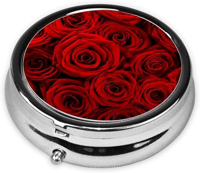 Travel Pill Organizer,Red Rose Pill Box,Metal Pill Holder Container,Portable Cute Pill Case,Small Medicine Holder Organizer,Vitamin Holder with 3 Compartments,for Pocket Purse