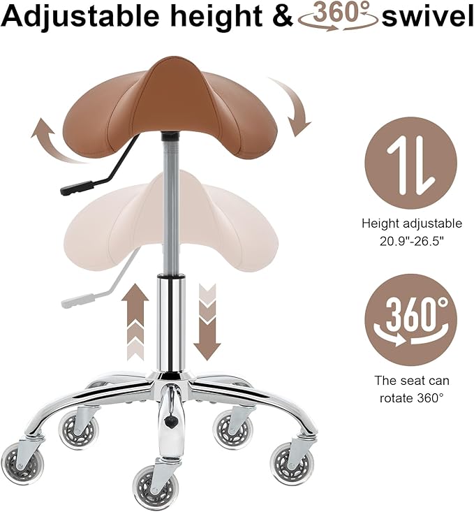 Saddle Stool, Ergonomic Saddle Chair with Wheels 450 LBS, Adjustable Height Swivel Salon Stool, Rolling Stool for Home Office Tattoo Massage Clinic Lab Beauty (Brown)