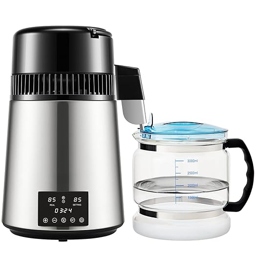 Water Distiller with Dual Temp Display and 0-99H Timer,1.1Gal 750W Distilled Water Maker for Alcohol and Essential Oils,Stainless Steel Countertop Distilled Water Machine