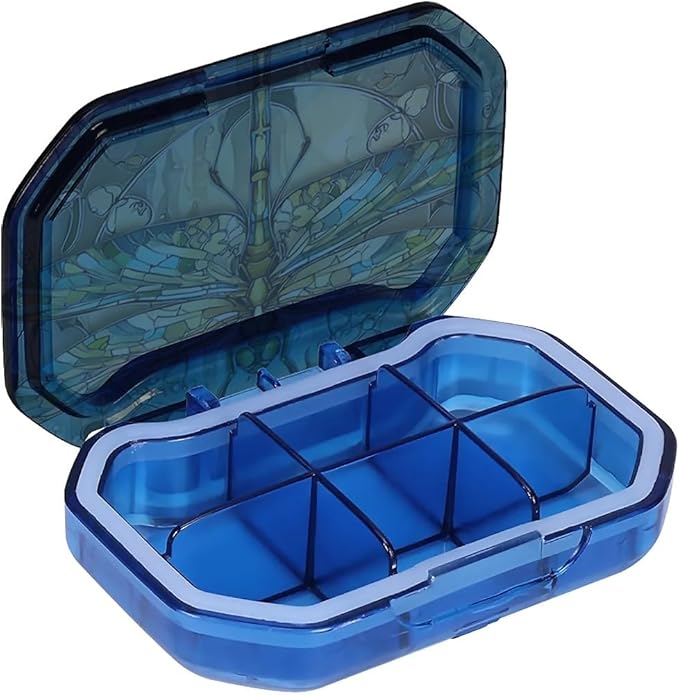 This Portable Vintage Stained Glass Dragonfly Pattern 6-Compartment Pillbox Can Be Placed in A Pocket Or Wallet to Store Vitamins, Medicines Fish Oil Health Supplements Other Medications.