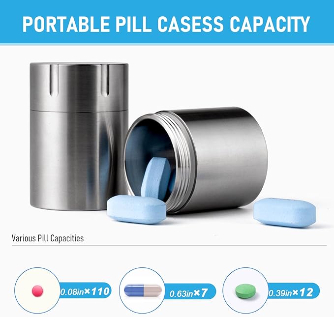 TISUR Portable Pill Cases, Metal Titanium Pill Holder Pocket Small Pill Box Keychain Waterproof Pill Bottle Medicine Organizer Case Container for Travel Purse Outdoor Camping (Titanium Pill Bottle)