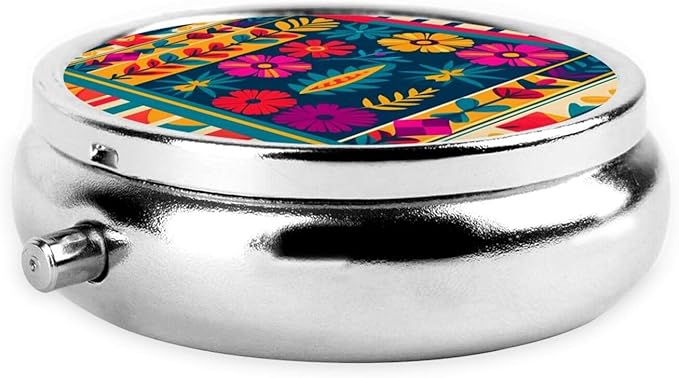 Colorful Mexican Stripes Printed Pill Organizer,Round Travel Pill Organizer Mini Medicine Pill Box for Purse Iron Plating