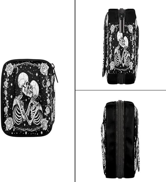Black Romantic Skull Pill Case Travel Pill Organizer Weekly 7 Day Portable with Zipper Medicine Box Pill Case for Vitamins, Birth Control,Fish Oils,Medication, Supplements