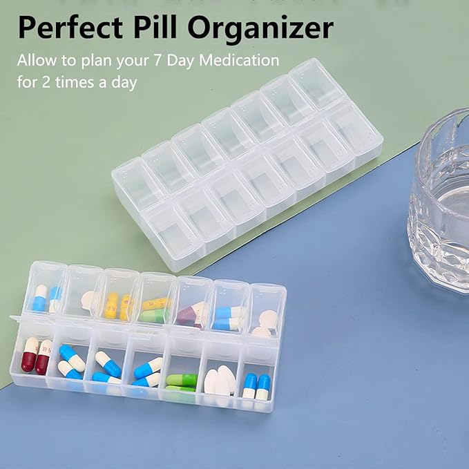 2 Pack OPP Clear Daily Pill Box Organizer, Am Pm Pill Organizer 7 Day, Weekly Pill Organizer 2 Times a Day for Pills, Supplements and Medication, Small Pill Box 7 Day, Medication Organizer