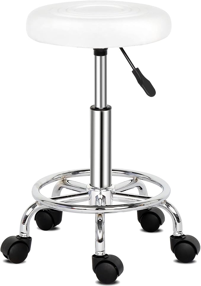 Modern Rolling Round Stool Chair,PU Leather Swivel Adjustable Rolling Stools,Ergonomic Swivel Salon Spa Barstools,Office Drafting Chairs,with Wheels,for Home, Kitchen, Medical, Lab (White)