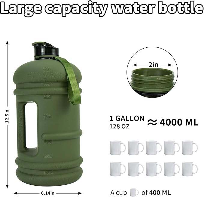 TOOFEEL 1 Gallon Water Bottle,Leakproof,Bpa Free,Dishwasher Safe,128 oz Large Water Jug wiht Handle,Travel & Camping & Sports & Gym Water Bottle For Men and Women - Olive Bottle