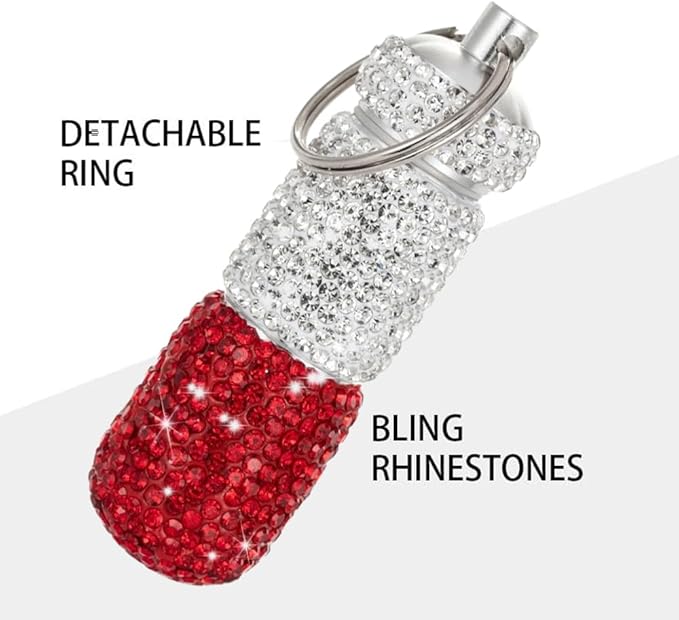 Bling Pill Case Portable Travel Pill Container Bottle Rhinestone Waterproof Small Pill Holder with Keychain Cute Mini Pill Storage Box (White red)